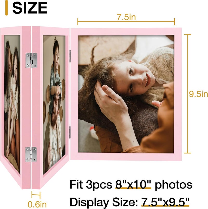 decorUhome Triple 8X10 Picture Frame Vertical, Engineered Wood Trifold Photo Frame with Plexiglass for Tabletop Display, 8X10, Pink - Image 4