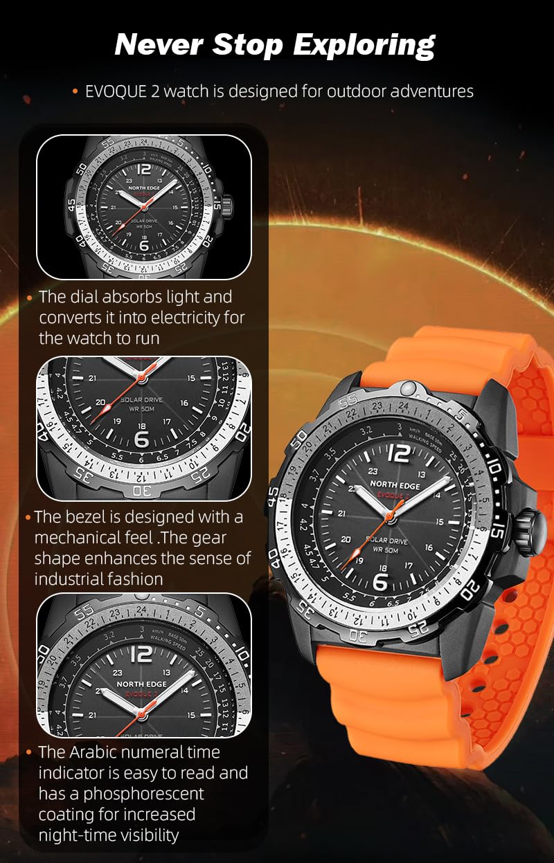 NORTH EDGE Men's Military Solar Eco Drive Analog Black Dial Wristwatch: Evoque 2 (Black, Nylon) - Image 4