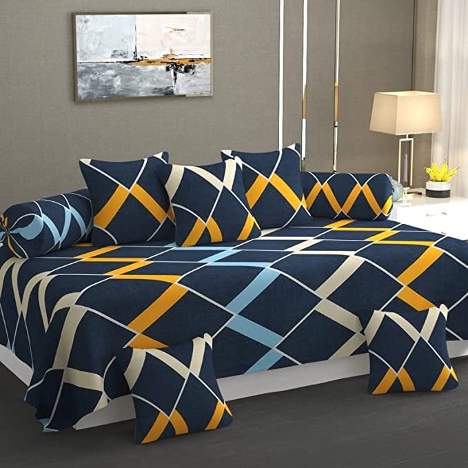 SpangleHomes XL 100% Glace Cotton Diwan Set Soft Cotton, 1 (60 X 90 Inches) Bedsheet,5 (16x 16 inches) Cushion Covers and 2 Booster Covers (8 PCS Set) - Navy Box - Image 1