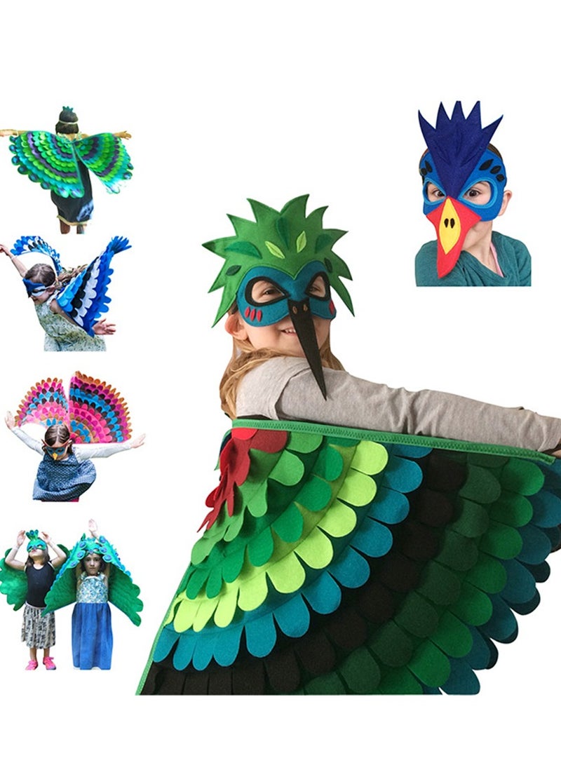 MissTiara 2 قطع أجنحة طيور للأطفال عباءة بومة ببغاء طاووس ملابس ملونة للعب الأزياء للأولاد والبنات عباءة مصنوعة من الفelt مع قناع للعين لحفلات المدرسة وألعاب التظاهر وكوسبلاي. - Image 3