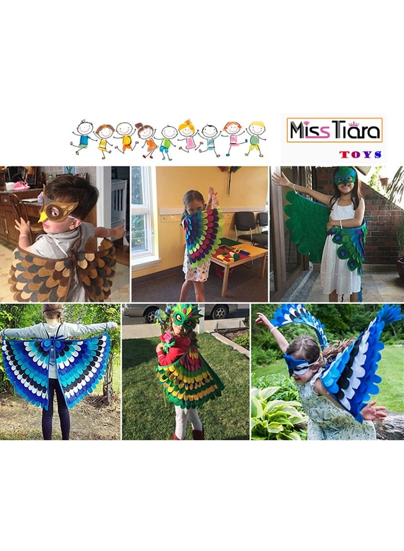 MissTiara 2 قطع أجنحة طيور للأطفال عباءة بومة ببغاء طاووس ملابس ملونة للعب الأزياء للأولاد والبنات عباءة مصنوعة من الفelt مع قناع للعين لحفلات المدرسة وألعاب التظاهر وكوسبلاي. - Image 5