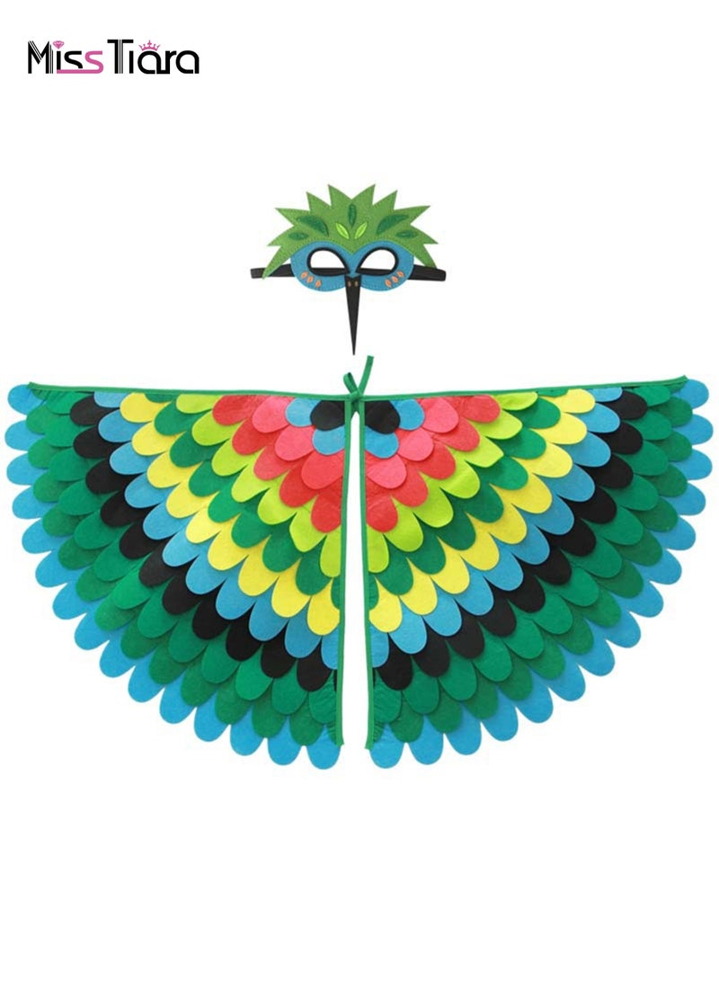 MissTiara 2 قطع أجنحة طيور للأطفال عباءة بومة ببغاء طاووس ملابس ملونة للعب الأزياء للأولاد والبنات عباءة مصنوعة من الفelt مع قناع للعين لحفلات المدرسة وألعاب التظاهر وكوسبلاي. - Image 1