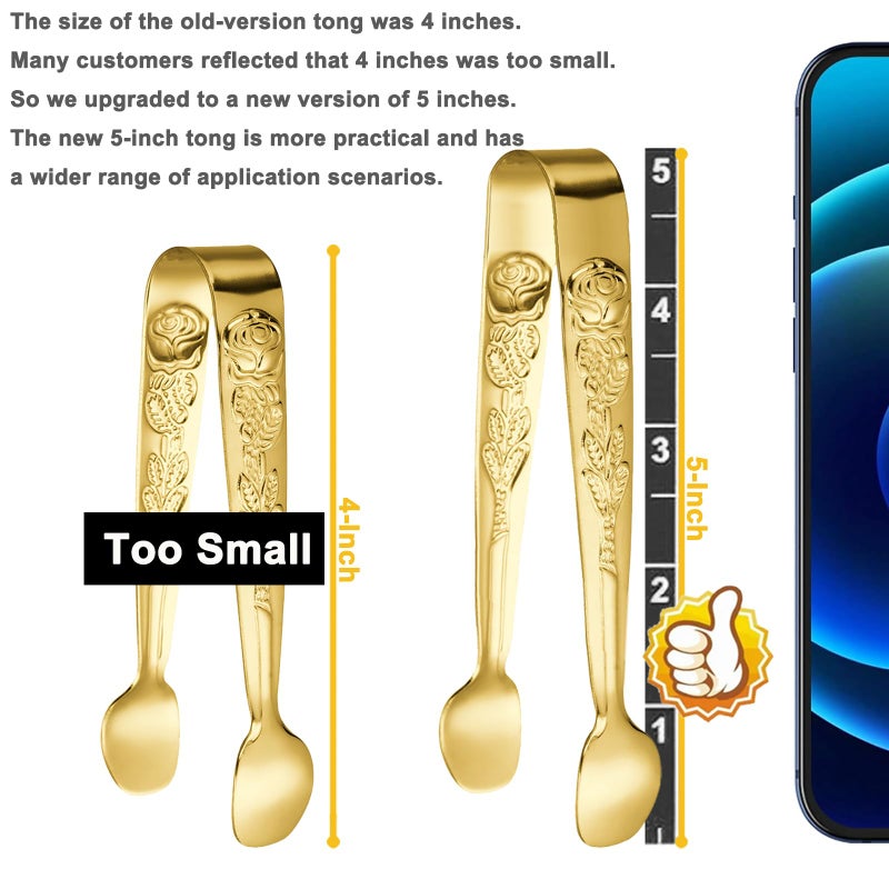 HINMAY 6PCS Mini Serving Tongs 5-Inch Small Rose Sugar Cube Appetizer Tongs, Tiny Metal Tong for Tea Party, Coffee Bar, Desserts (Gold) - Image 3