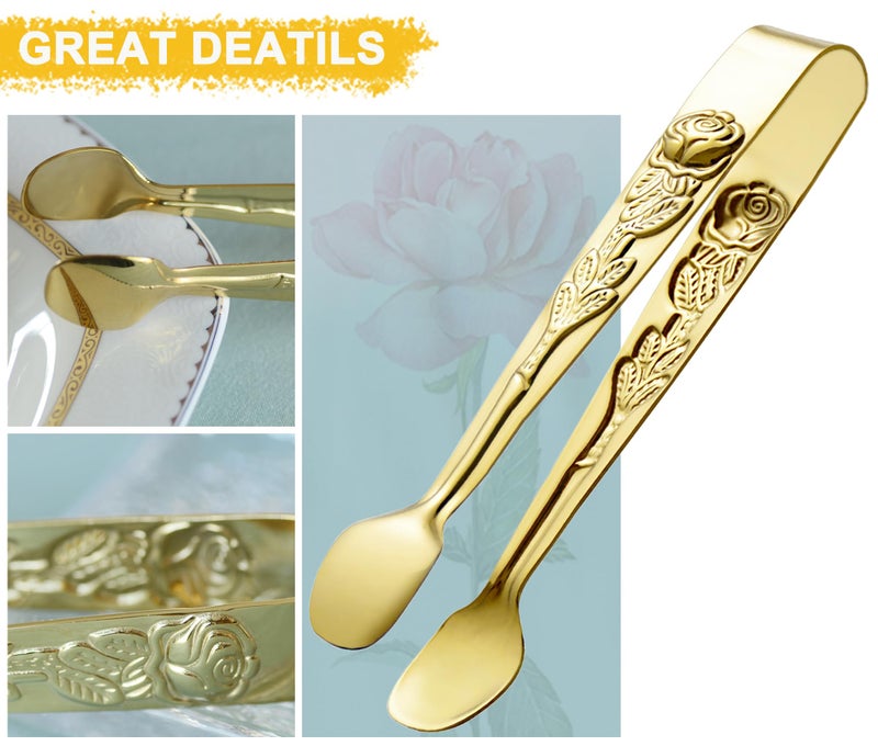 HINMAY 6PCS Mini Serving Tongs 5-Inch Small Rose Sugar Cube Appetizer Tongs, Tiny Metal Tong for Tea Party, Coffee Bar, Desserts (Gold) - Image 4