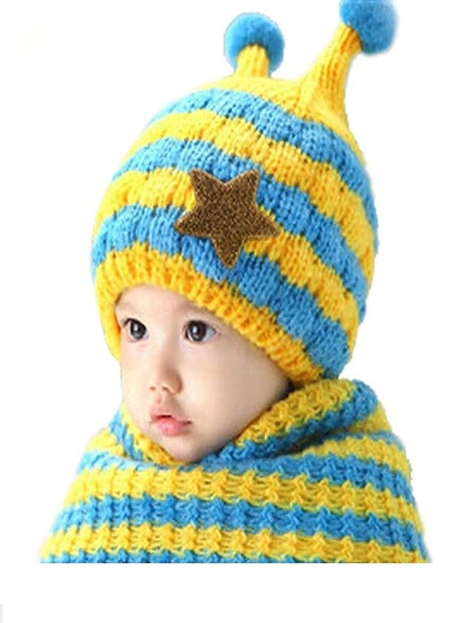V3E Baby Boys & Girls Winter Warm Knitting Woolen Bee Style Striped Hat & Scarf (Yellow & Blue)-(1-4 Years) - Image 1