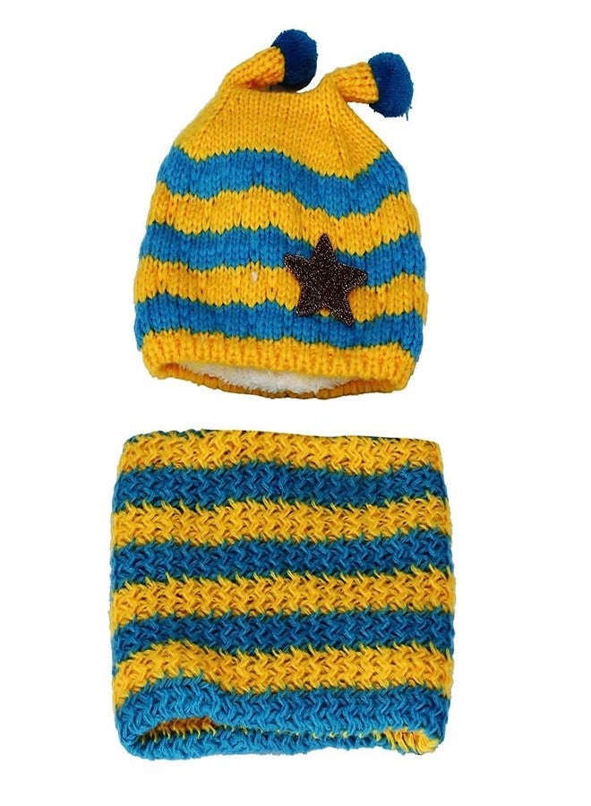 V3E Baby Boys & Girls Winter Warm Knitting Woolen Bee Style Striped Hat & Scarf (Yellow & Blue)-(1-4 Years) - Image 3