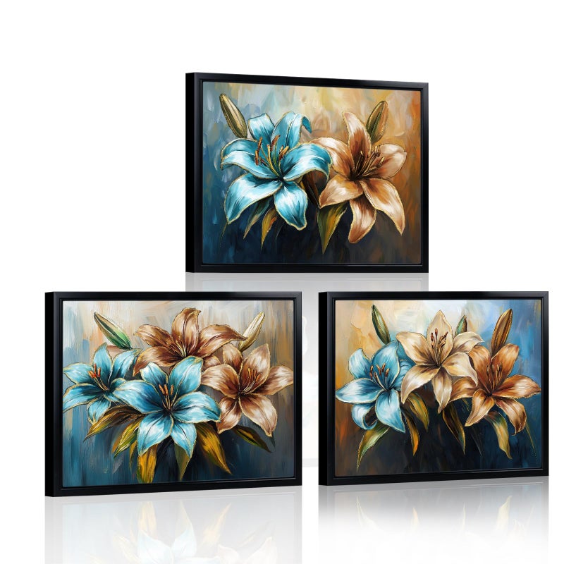LevvArts Floral Wall Art Lily Flowers Painting Canvas with Black Frame Teal Brown and Gold Bathroom Wall Decor - Image 1