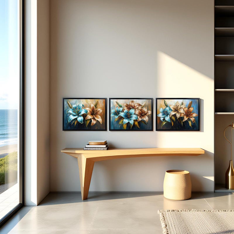 LevvArts Floral Wall Art Lily Flowers Painting Canvas with Black Frame Teal Brown and Gold Bathroom Wall Decor - Image 5
