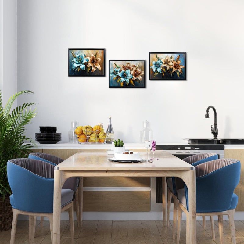 LevvArts Floral Wall Art Lily Flowers Painting Canvas with Black Frame Teal Brown and Gold Bathroom Wall Decor - Image 4