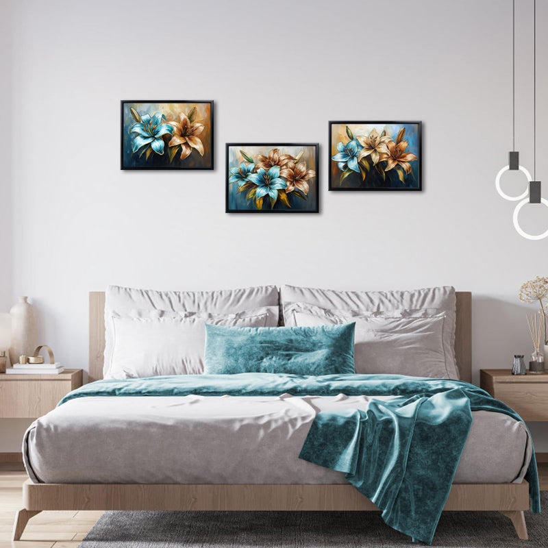 LevvArts Floral Wall Art Lily Flowers Painting Canvas with Black Frame Teal Brown and Gold Bathroom Wall Decor - Image 2