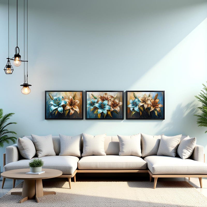 LevvArts Floral Wall Art Lily Flowers Painting Canvas with Black Frame Teal Brown and Gold Bathroom Wall Decor - Image 3