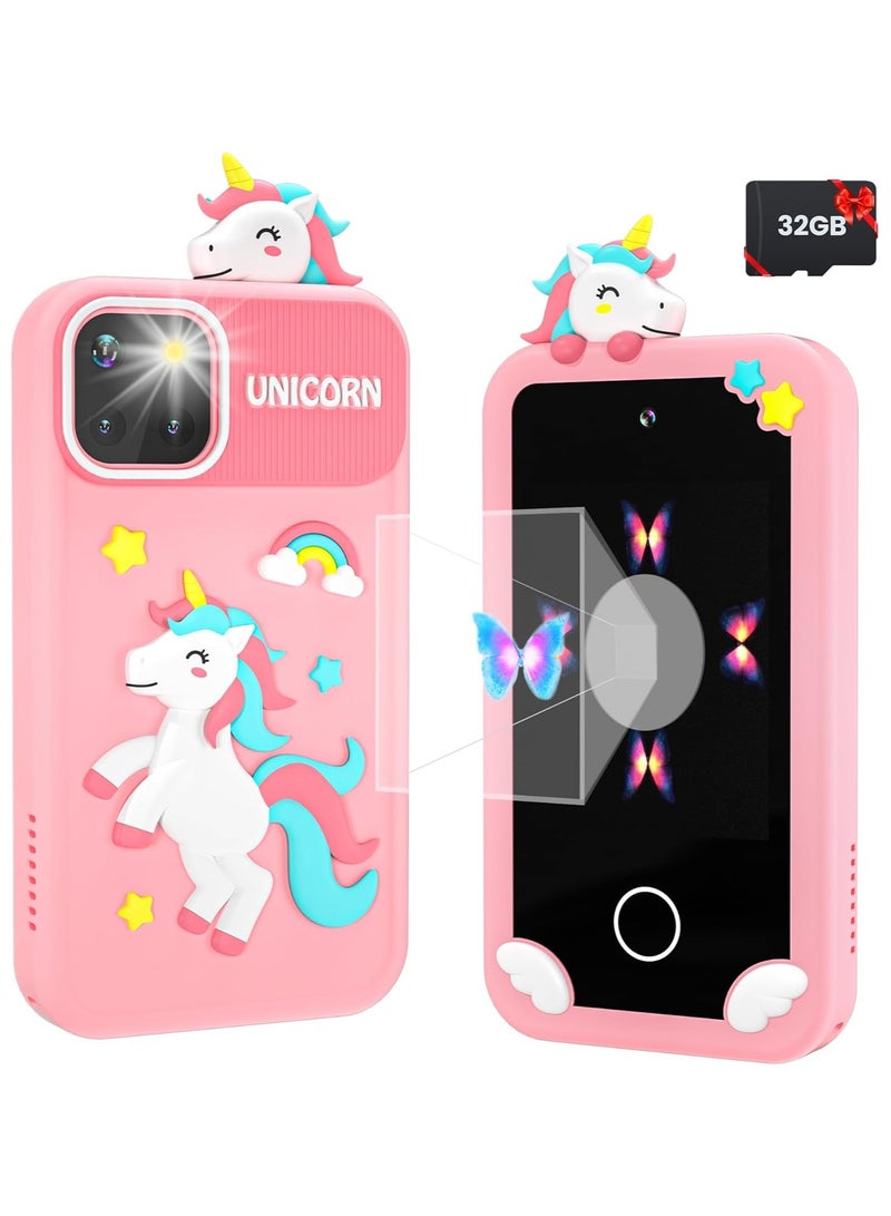 ارواق هاتف ذكي للأطفال للأولاد مع بطاقة 32 جيجا وهدايا عيد ميلاد هرمية ثلاثية الأبعاد للأعمار من 3 إلى 10 سنوات ألعاب أطفال هاتف خلوي 2.8 شاشة لمس للأطفال الصغار لعبة تعليمية مزدوجة العدسات مشغل موسيقى - Image 1