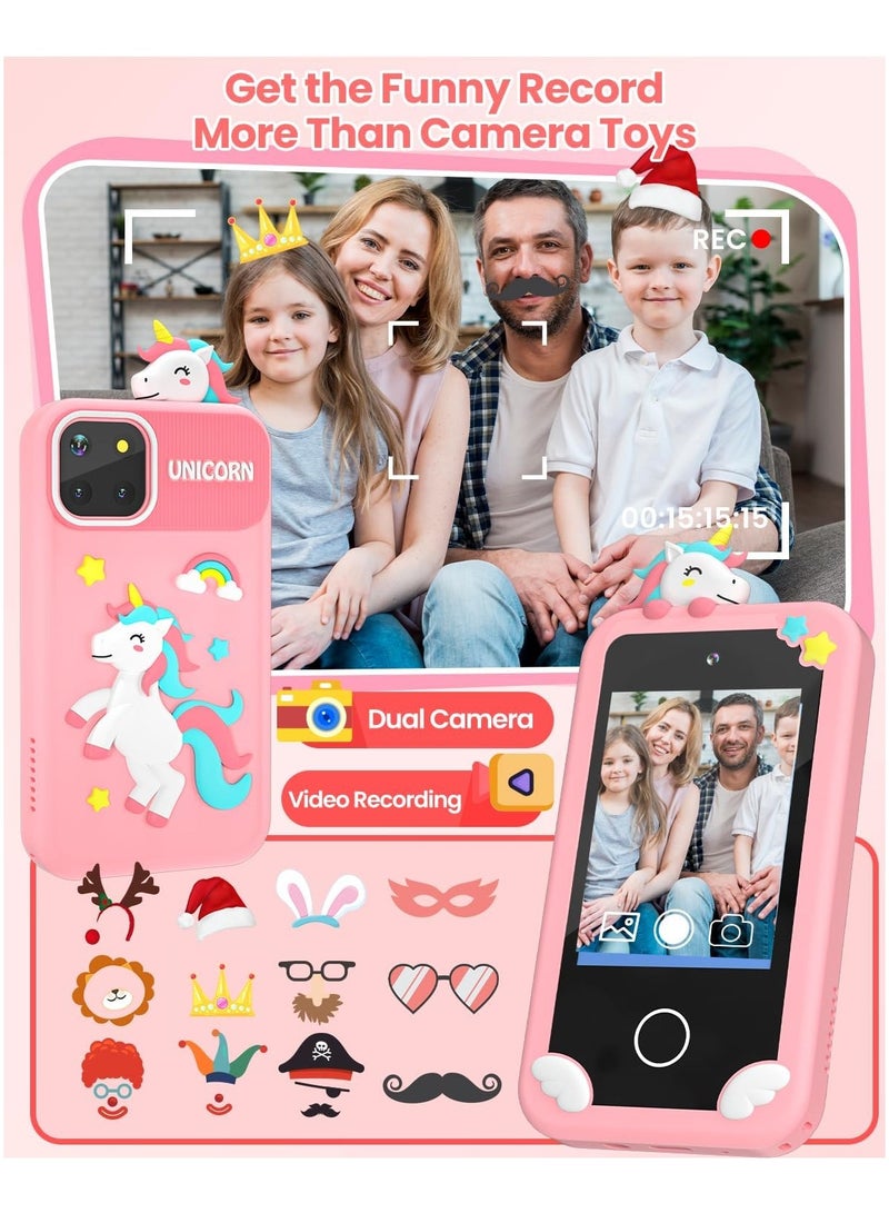 ارواق هاتف ذكي للأطفال للأولاد مع بطاقة 32 جيجا وهدايا عيد ميلاد هرمية ثلاثية الأبعاد للأعمار من 3 إلى 10 سنوات ألعاب أطفال هاتف خلوي 2.8 شاشة لمس للأطفال الصغار لعبة تعليمية مزدوجة العدسات مشغل موسيقى - Image 4