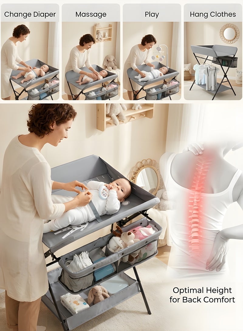 Baby Changing Table with Wheels,Portable Adjustable Height Folding Diaper Station with Nursery Organizer u0026 Storage Rack for Newborn Baby Infant (Grey) - Image 4
