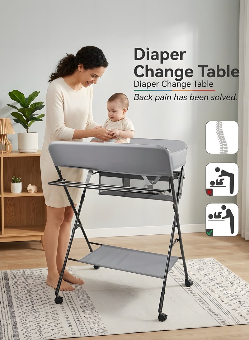 Baby Changing Table with Wheels,Portable Adjustable Height Folding Diaper Station with Nursery Organizer u0026 Storage Rack for Newborn Baby Infant (Grey) - Image 3