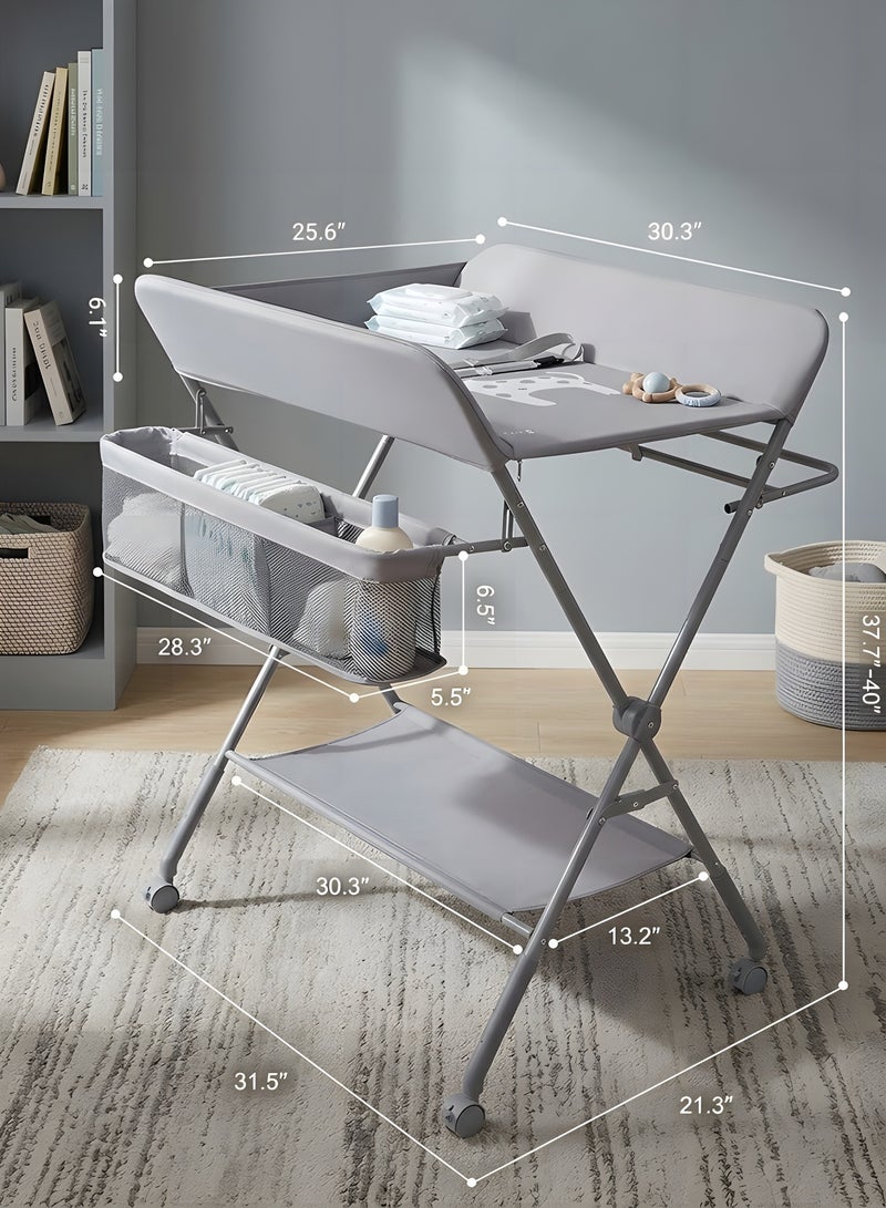 Baby Changing Table with Wheels,Portable Adjustable Height Folding Diaper Station with Nursery Organizer u0026 Storage Rack for Newborn Baby Infant (Grey) - Image 5