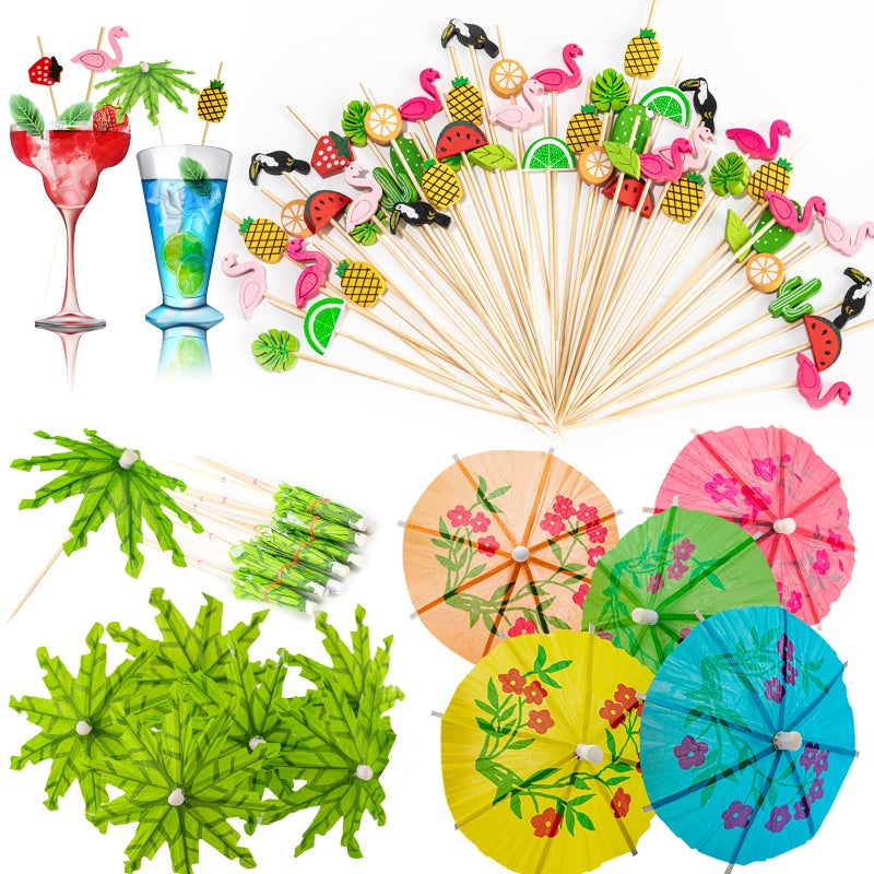 Umbrella Cocktail Picks for Drinks 160 Pack Cocktail Picks for Luau Tropical Party Pineapple Palm Leaf Fruit Sticks Summer Hawaiian Party Decorations