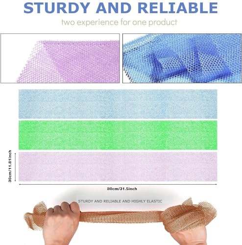 UJFQBH 3 Pieces African Bath Sponge African Net Long Net Bath Sponge Exfoliating Shower Body Scrubber Back Scrubber Skin Smoother,Great for Daily Use (Pale Purple, Blue, Green) - Image 3