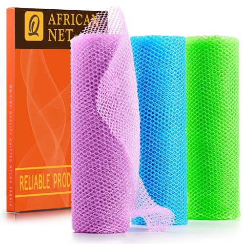 UJFQBH 3 Pieces African Bath Sponge African Net Long Net Bath Sponge Exfoliating Shower Body Scrubber Back Scrubber Skin Smoother,Great for Daily Use (Pale Purple, Blue, Green) - Image 1