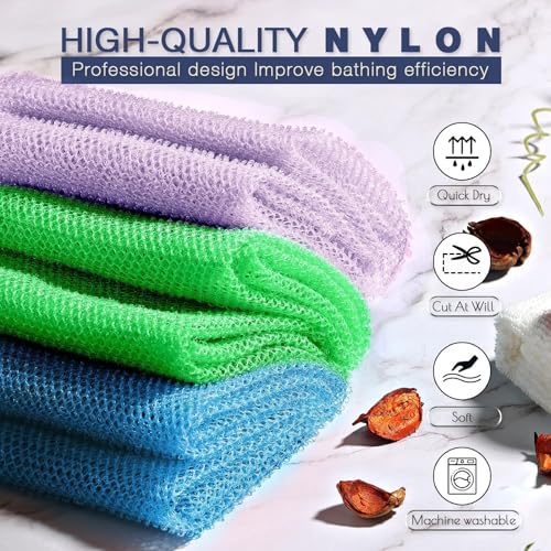 UJFQBH 3 Pieces African Bath Sponge African Net Long Net Bath Sponge Exfoliating Shower Body Scrubber Back Scrubber Skin Smoother,Great for Daily Use (Pale Purple, Blue, Green) - Image 4
