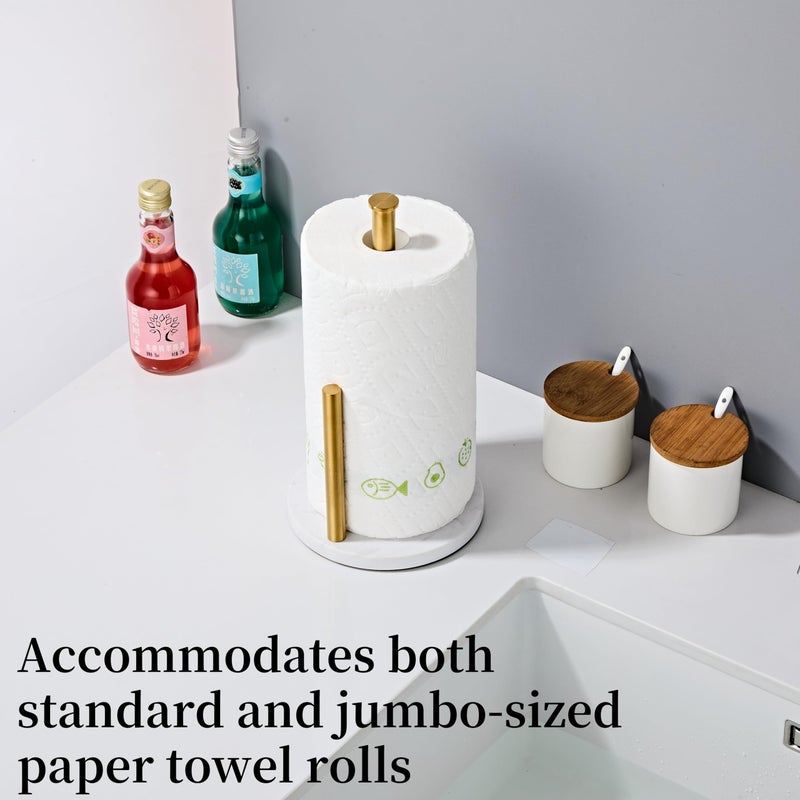 KUUBTH Brushed Gold Paper Towel Holder,Stainless Steel Paper Towel Holder for Kitchen Roll Organize, Standard or Jumbo-Sized Roll Paper, Countertop Roll Dispenser with Marble Base - Image 3