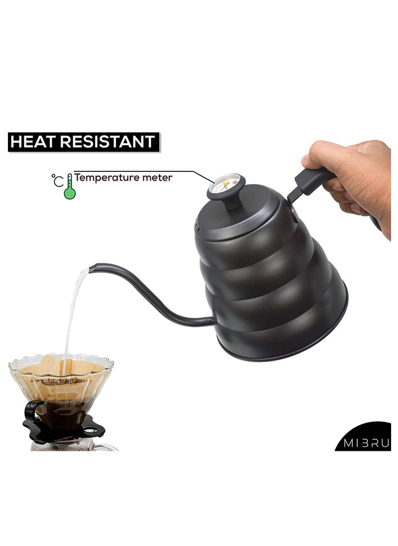 MIBRU Drip V60 Pour Over Kettle with Thermometer 1200ml Stainless Steel Tea Coffee Gooseneck Thin Spout Pitcher for French Press Pot Works on Stovetop Black  - Image 2