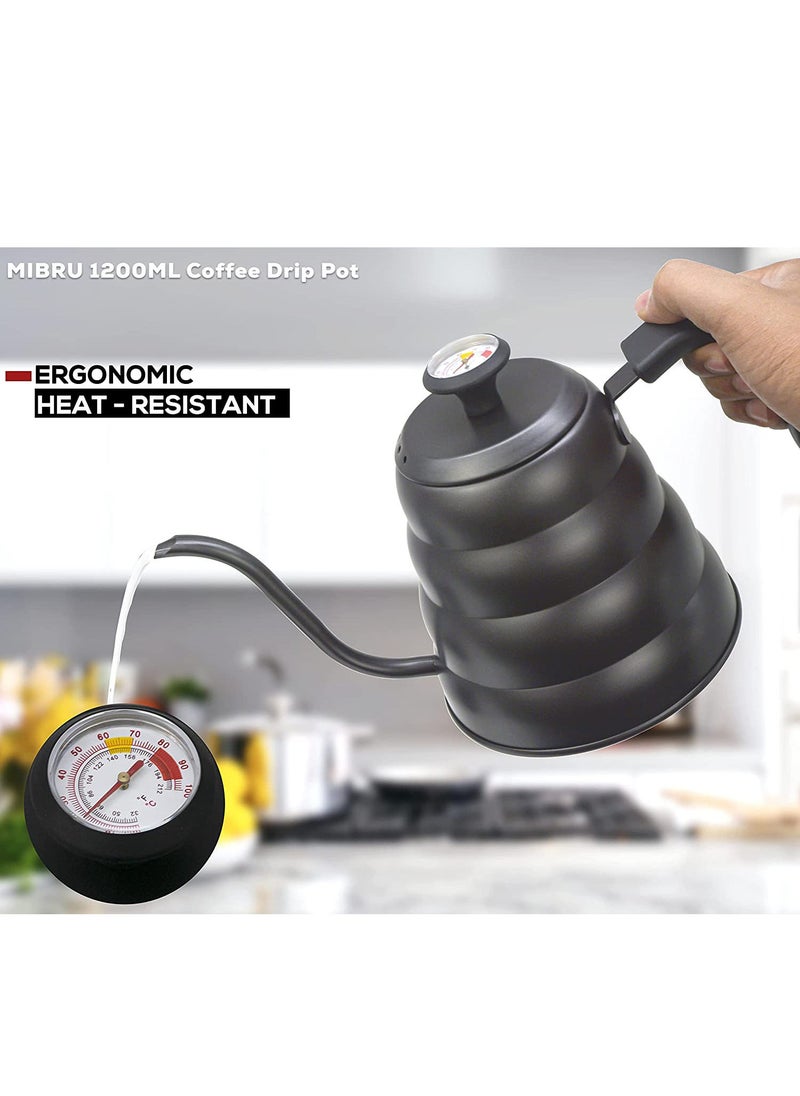 MIBRU Drip V60 Pour Over Kettle with Thermometer 1200ml Stainless Steel Tea Coffee Gooseneck Thin Spout Pitcher for French Press Pot Works on Stovetop Black  - Image 4