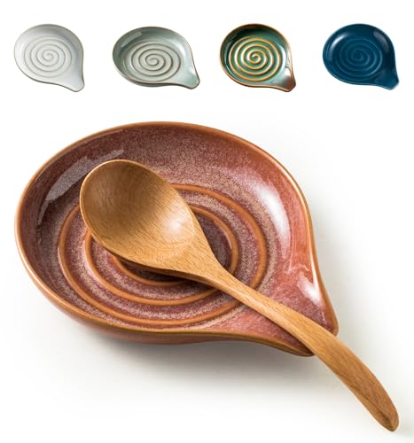 LAUCHUH Spoon Rest for Stove Top, 5" Ceramic Spoon Holder for Kitchen Counter Large Cooking Utensil Rest for Ladle, Cooking Spoons, Spatula, Tongs, Farmhouse Kitchen Decor, Reactive Red - Image 1