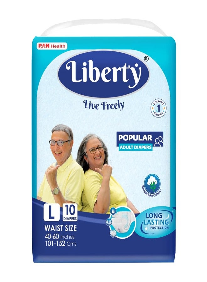 Liberty Popular Adult Diapers, Tape Style, Large (L) Size, 10 Count, Waist Size (101-152cm | 40-60 inches), Unisex, High Absorbency, Leak Proof, Wetness Indicator, Pack of 1 - Image 1