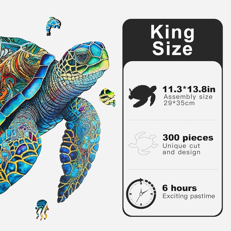 Mys Aurora Unique Wooden Jigsaw Puzzles - Ocean Turtle, 300 Pcs King Size 11.3" x 13.8", Animal Shaped Wood Puzzle, Beautiful Package, Best Gift for Adults and Kids, Family Game - Image 2