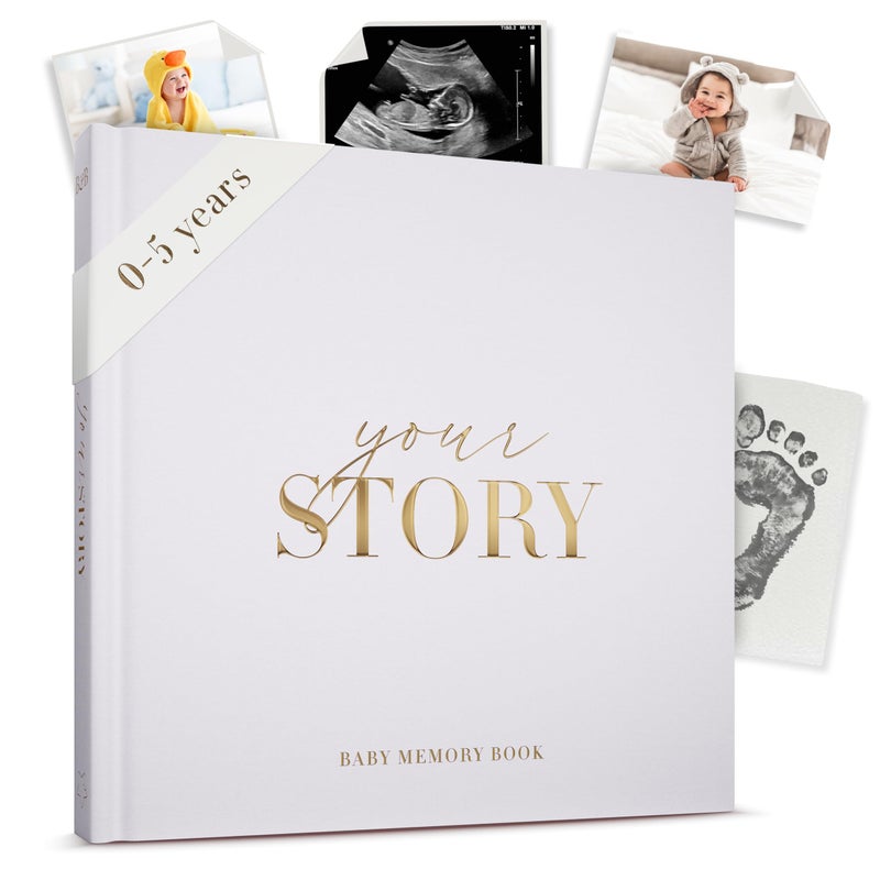 Bibi & Beau Baby Memory Book & Keepsake Journal for Boys or Girls | Baby Book from Birth to Age 5 | Gold Foil Hardcover, Photo Spaces & Milestones | Unisex Baby Scrapbook - Image 1