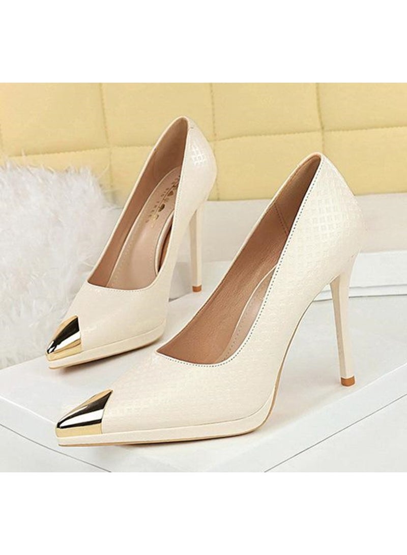 بيج تري المرأة المعدنية مغلقة أشارت إصبع القدم عالية الكعب مضخات الحزب فستان الأحذية الأبيض 11.5CM - Image 1