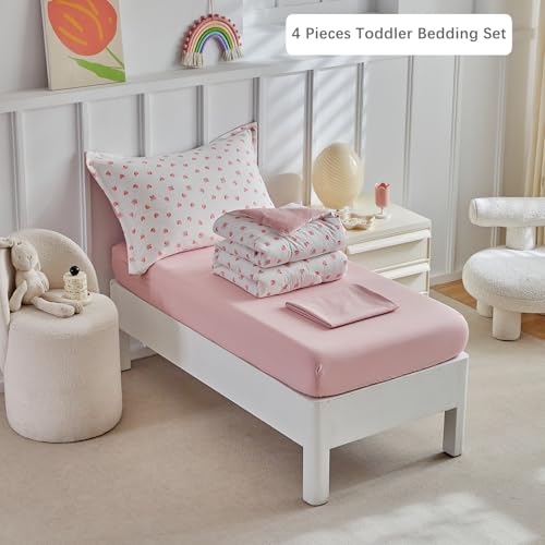 DuShow Toddler Bedding Set for Girls,4 Piece Bed-in-a-Bag Toddler Comforter Sets,Pink Heart Crib Bedding Sheets Set,Include Quilt Comforter,Flat Sheet,Fitted Sheet,Pillowcase - Image 3