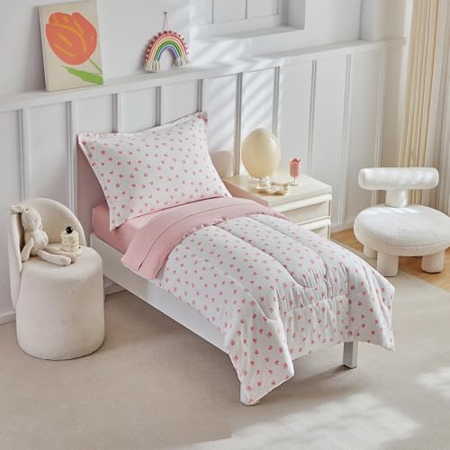 DuShow Toddler Bedding Set for Girls,4 Piece Bed-in-a-Bag Toddler Comforter Sets,Pink Heart Crib Bedding Sheets Set,Include Quilt Comforter,Flat Sheet,Fitted Sheet,Pillowcase - Image 4