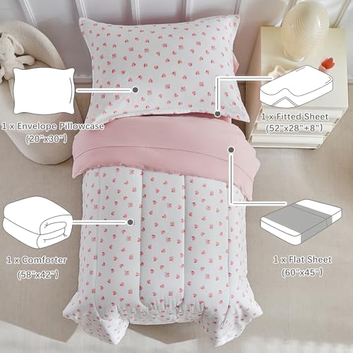 DuShow Toddler Bedding Set for Girls,4 Piece Bed-in-a-Bag Toddler Comforter Sets,Pink Heart Crib Bedding Sheets Set,Include Quilt Comforter,Flat Sheet,Fitted Sheet,Pillowcase - Image 2
