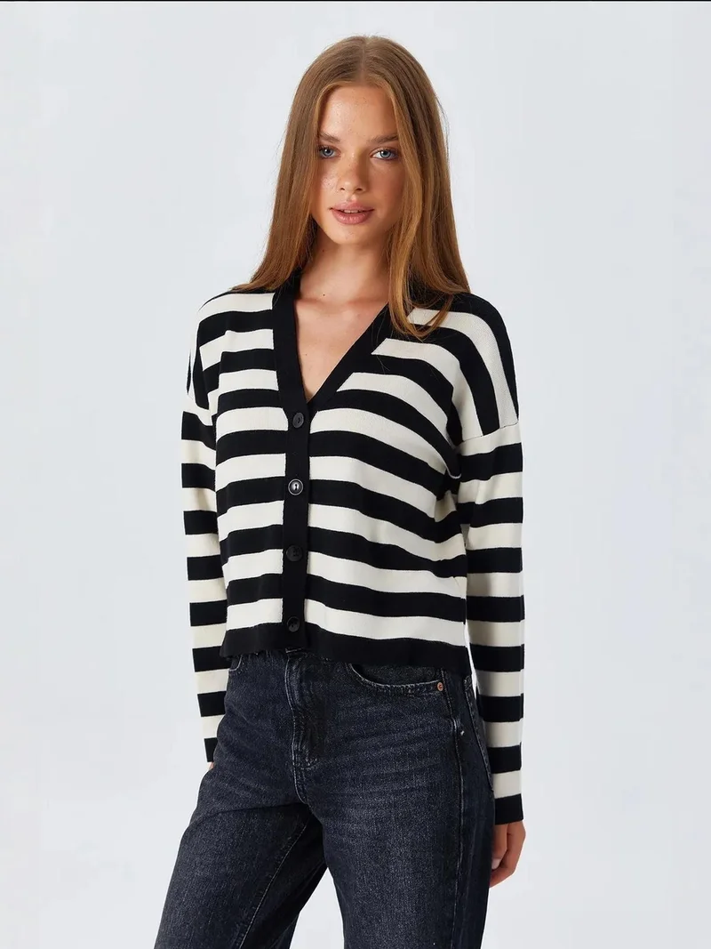MixRay Black Mixray Striped V-Neck Buttoned Cardigan for Women | Best Price UAE