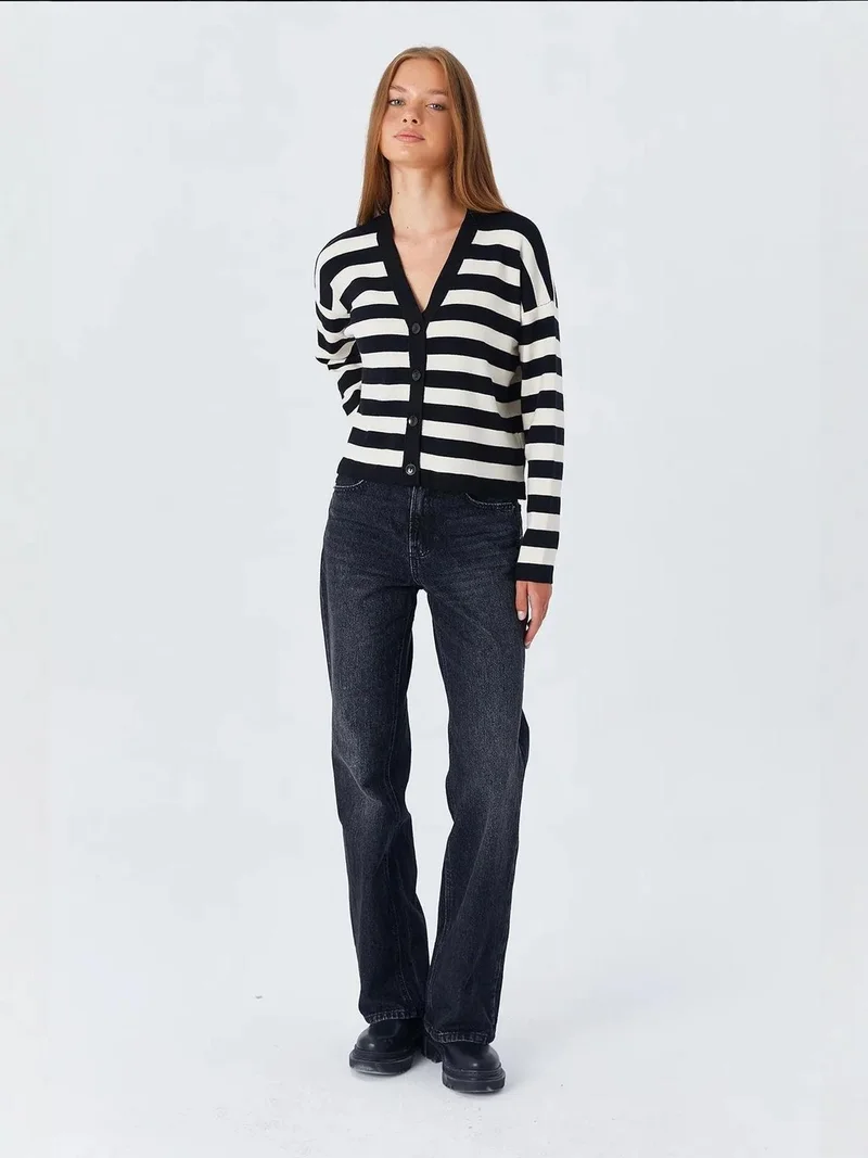 MixRay Black Mixray Striped V-Neck Buttoned Cardigan for Women | Best Price UAE