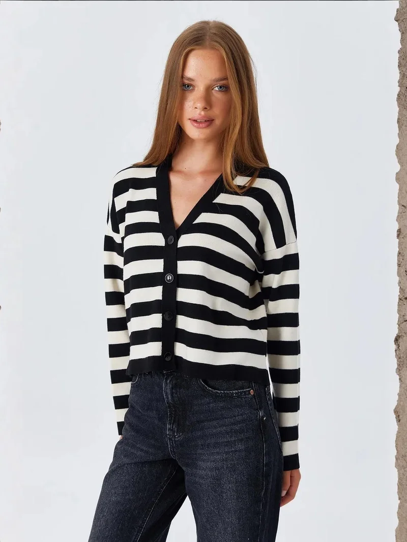 MixRay Black Mixray Striped V-Neck Buttoned Cardigan for Women | Best Price UAE