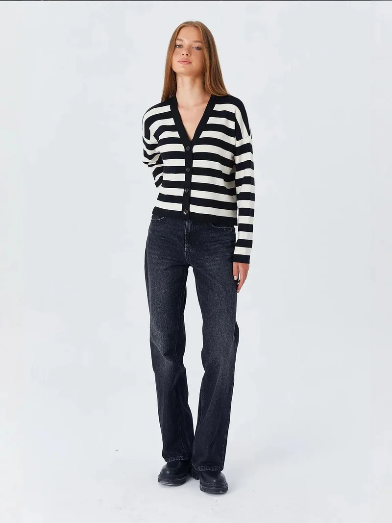MixRay Black Mixray Striped V-Neck Buttoned Cardigan for Women | Best Price UAE
