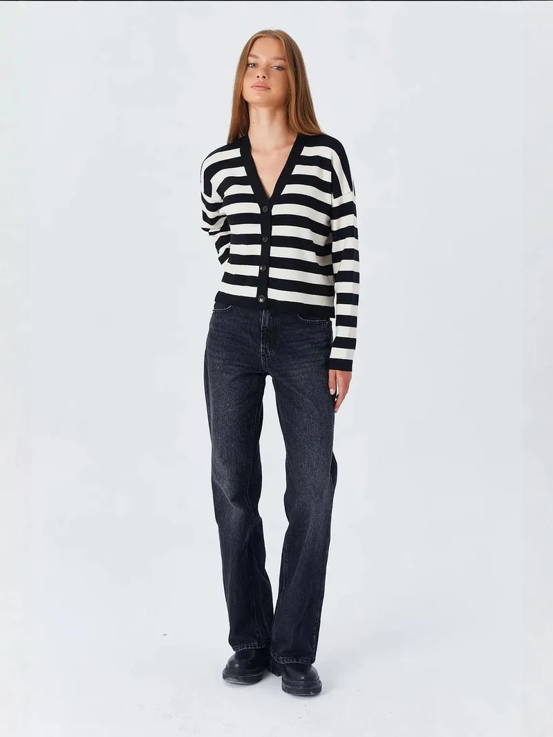 MixRay Black Mixray Striped V-Neck Buttoned Cardigan for Women | Best Price UAE