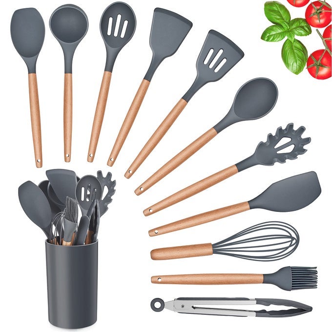 KITCHEN UTENSILS SET 12 PIECE SILICONE UTENSIL WITH HOLDER HEAT RESISTANT COOKING UTENSILS WITH WOODEN HANDLE FOR NON STICK COOKWARE PANS SILICONE KITCHEN GADGETS TOOL SET GREY