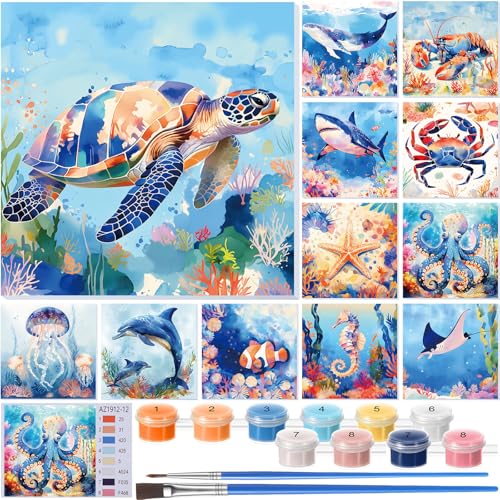 Nezyo 12 Sets Paint by Numbers Kit with Frame for Adult Beginners, Paint by Number DIY Acrylic Painting Canvas for Painting Party, Classroom Activity Birthday Gift, 8 x 8 Inch - Image 1