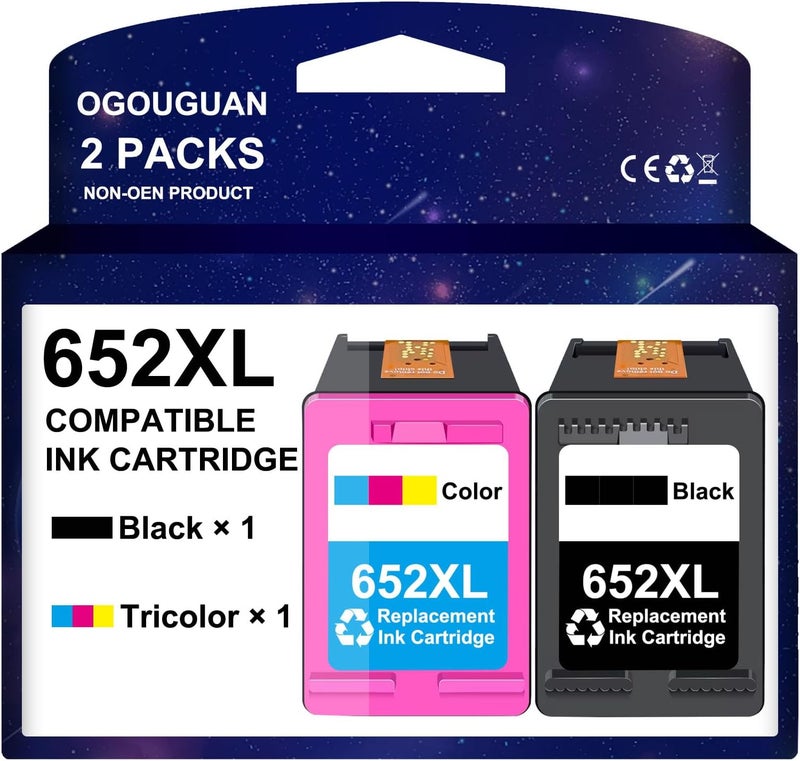 خرطوشة حبر 652XL، معاد تصنيعها لاستخدامها مع طابعات HP 652، وتناسب أيضًا طابعات HP DeskJet 3835، 4535، 3788، 3789، 3790، 3775، 5075، 5275 (1 خرطوشة سوداء و1 خرطوشة ثلاثية الألوان). - Image 1