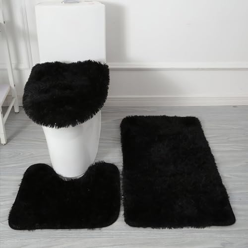Eanpet Black Bathroom Rugs Sets 3Piece Bath Mat Solid Bath Rug Floor Mats Washable Shower Rug with U-Shaped Contour Rug Toilet Lid Cover - Image 1