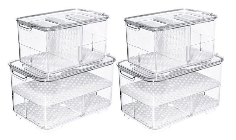 SANNO Fridge Produce Saver Storage Vegetable Fruit Containers Food Produce Saver Container Stackable Refrigerator Organizer Bins Fresh Keeper Drawers Organizer Set of 4