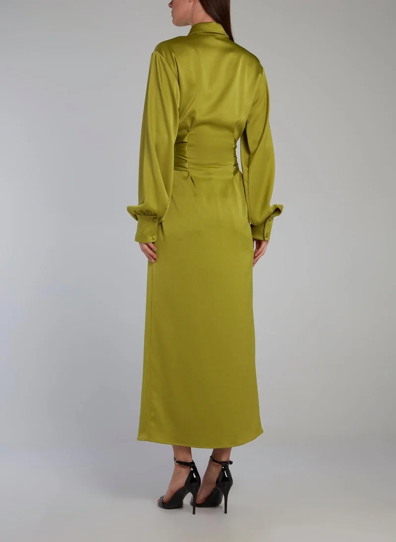 Dalood Chartreuse Tie Front Shirt Dress