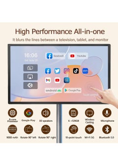 FlashHawk 21.5-Inch Portable TV with Adjustable Floor Touch Screen Smart TV | 6G RAM+128G Storage, 6000aMh Battery 8H Video Play Time, Grey  - Image 3
