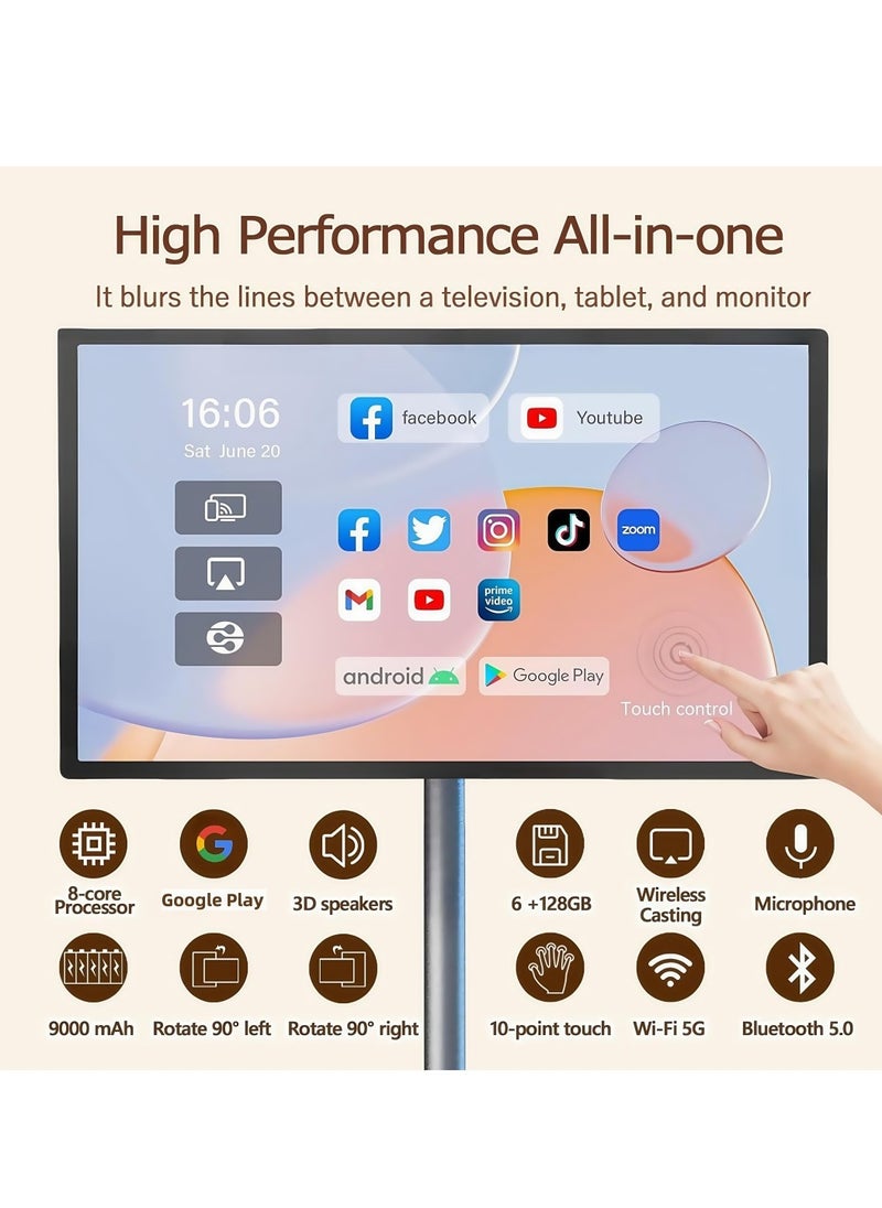 FlashHawk 21.5-Inch Portable TV with Adjustable Floor Touch Screen Smart TV | 6G RAM+128G Storage, 6000aMh Battery 8H Video Play Time, Grey  - Image 3