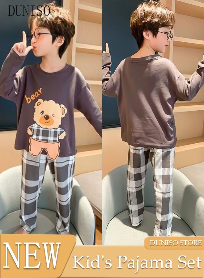 DUNISO 2-Piece Boy's Soft Pajamas Set Long Sleeve Cotton Sleepwear Loungewear Round Neck Nightwear Pajama Sets Spring And Autumn Home Wear Long Sleeve Top And Pants - Image 1