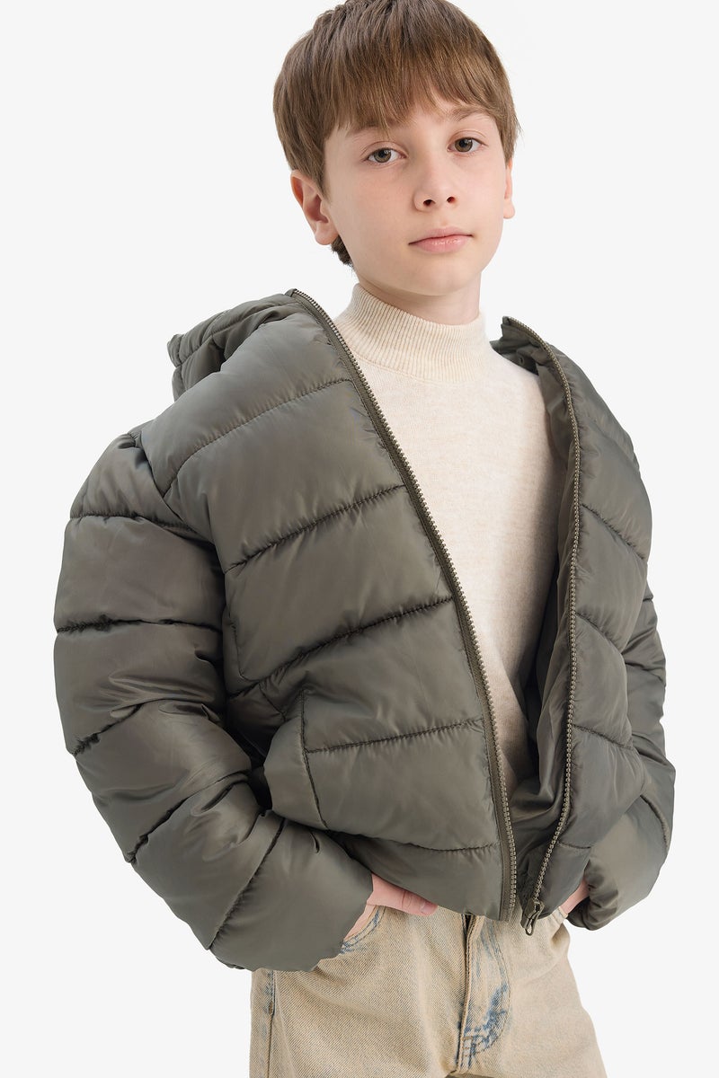 DeFacto Green Boy Hooded Water Repellent Puffer Jacket Casual - Image 1